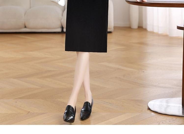 Long-Sleeve Crew Neck Mesh Panel Faux Pearl Accent Slit Velvet Midi Sheath Dress Product Image