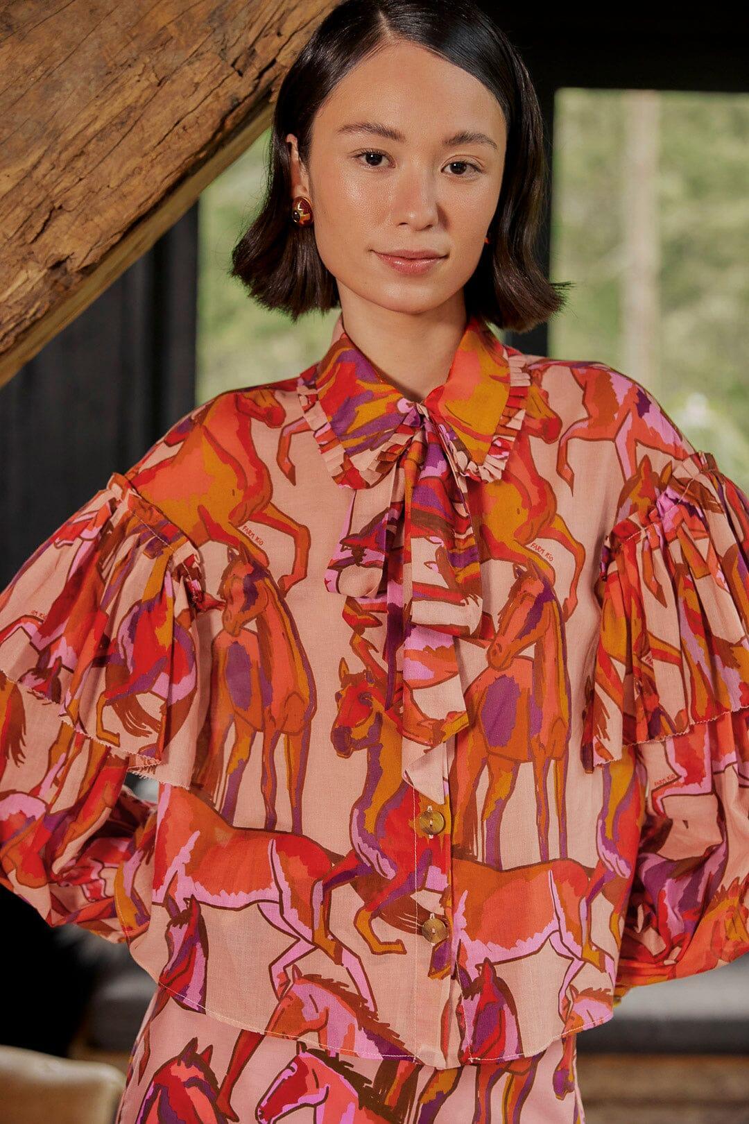 Rose Wild Horses Bow Neck Tie Blouse Product Image