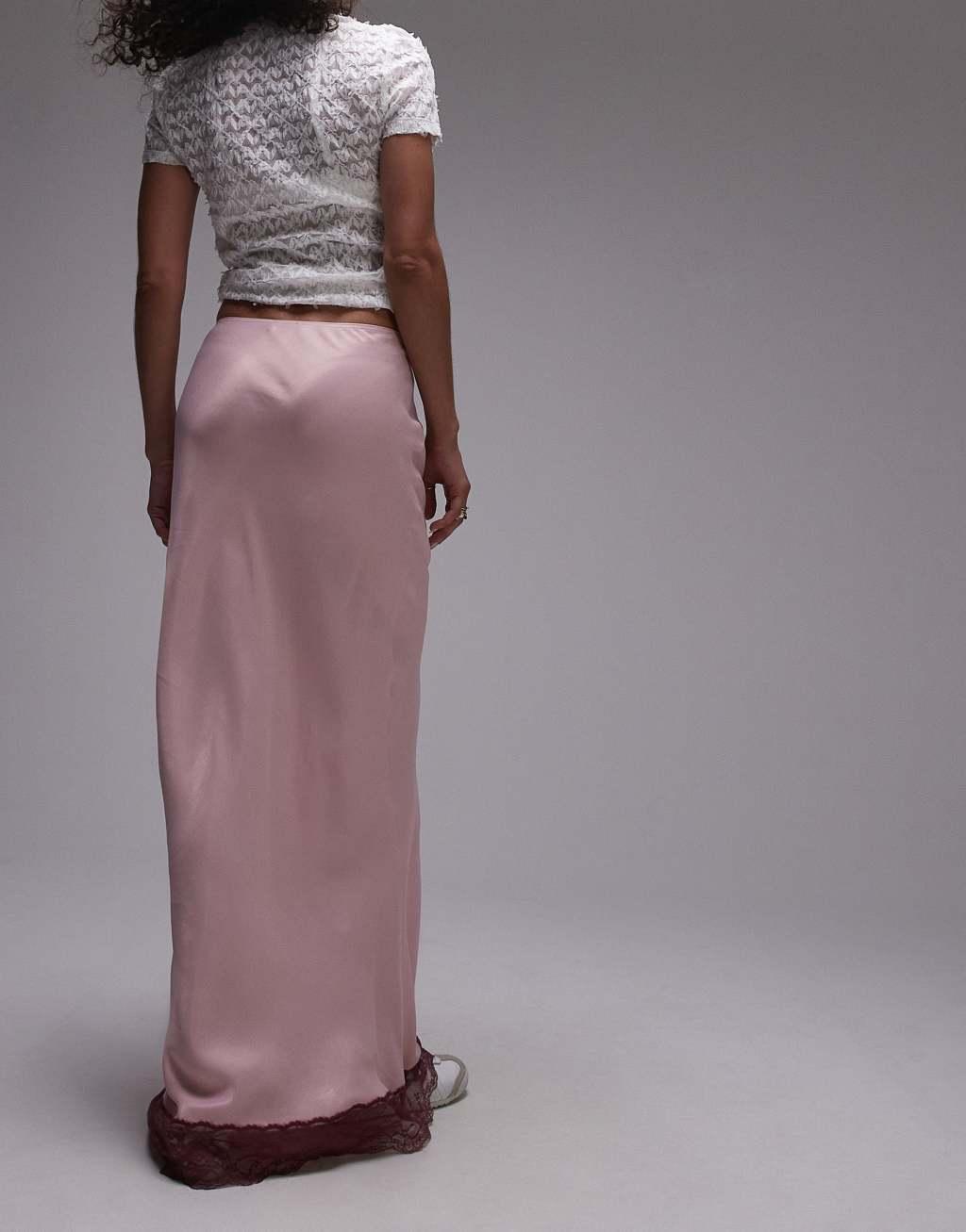 Topshop satin bias maxi skirt in pink with burgundy lace Product Image