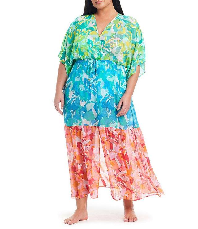 Bleu Rod Beattie Plus Size Summer Escapes Printed Chiffon Surplice Drawstring Swim Cover-Up Dress Product Image