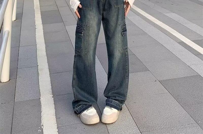 Mid Waist Washed Straight Leg Cargo Jeans Product Image