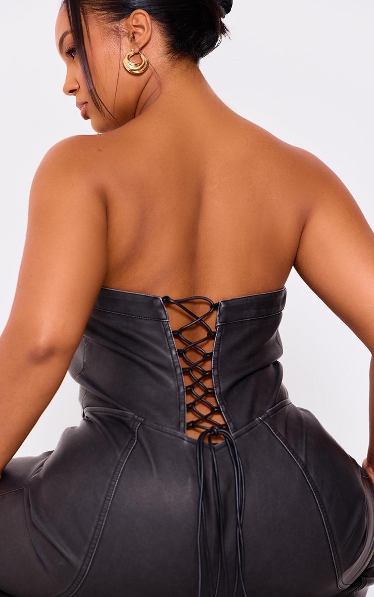 Plus Black Faux Leather Bandeau Lace Back Straight Leg Jumpsuit Product Image