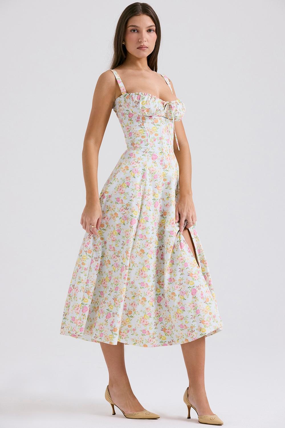 Carmen Pale Blue Meadow Print Cotton Bustier Sundress Product Image