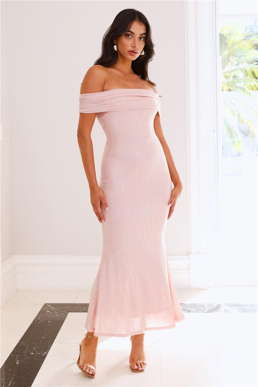 She Has Arrived Off Shoulder Glitter Maxi Dress Pink Product Image