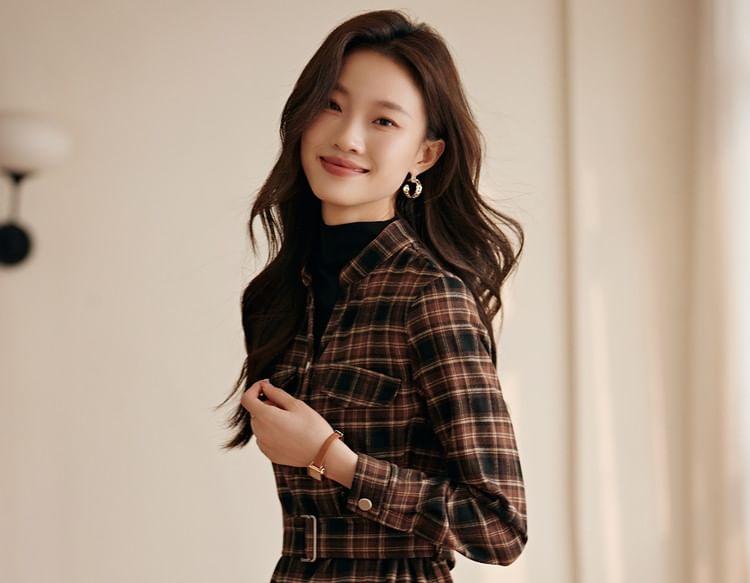 Long-Sleeve Plaid Belted A-Line Shirt Dress product image