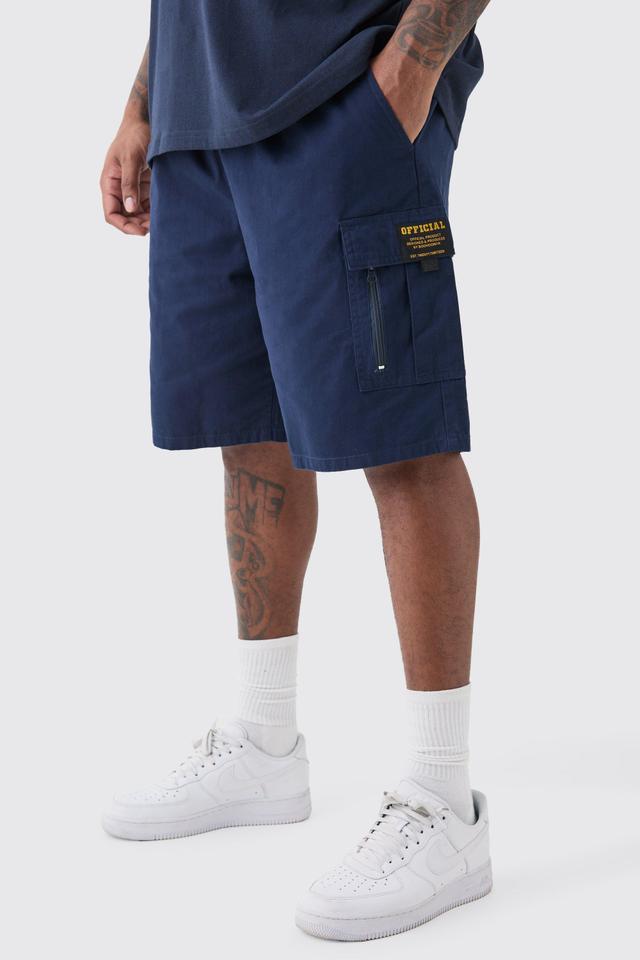 Mens Navy Plus Fixed Waist Twill Relaxed Cargo Zip Detail Tab Short, Navy Product Image