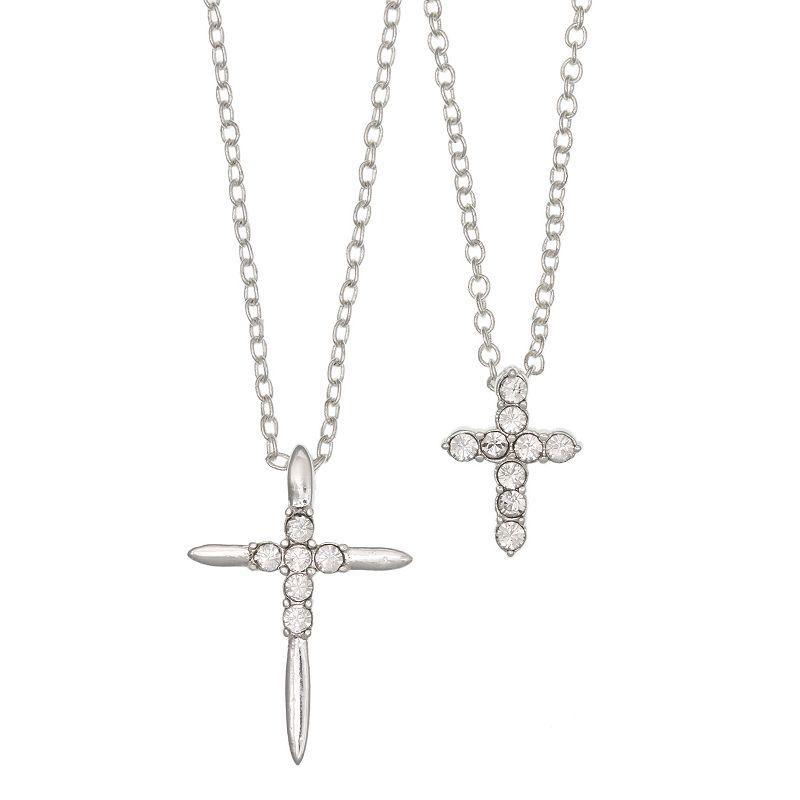 FAO Schwarz Silver Tone Cross Pendant Necklace Set, Womens, Silver Tone Clear Product Image