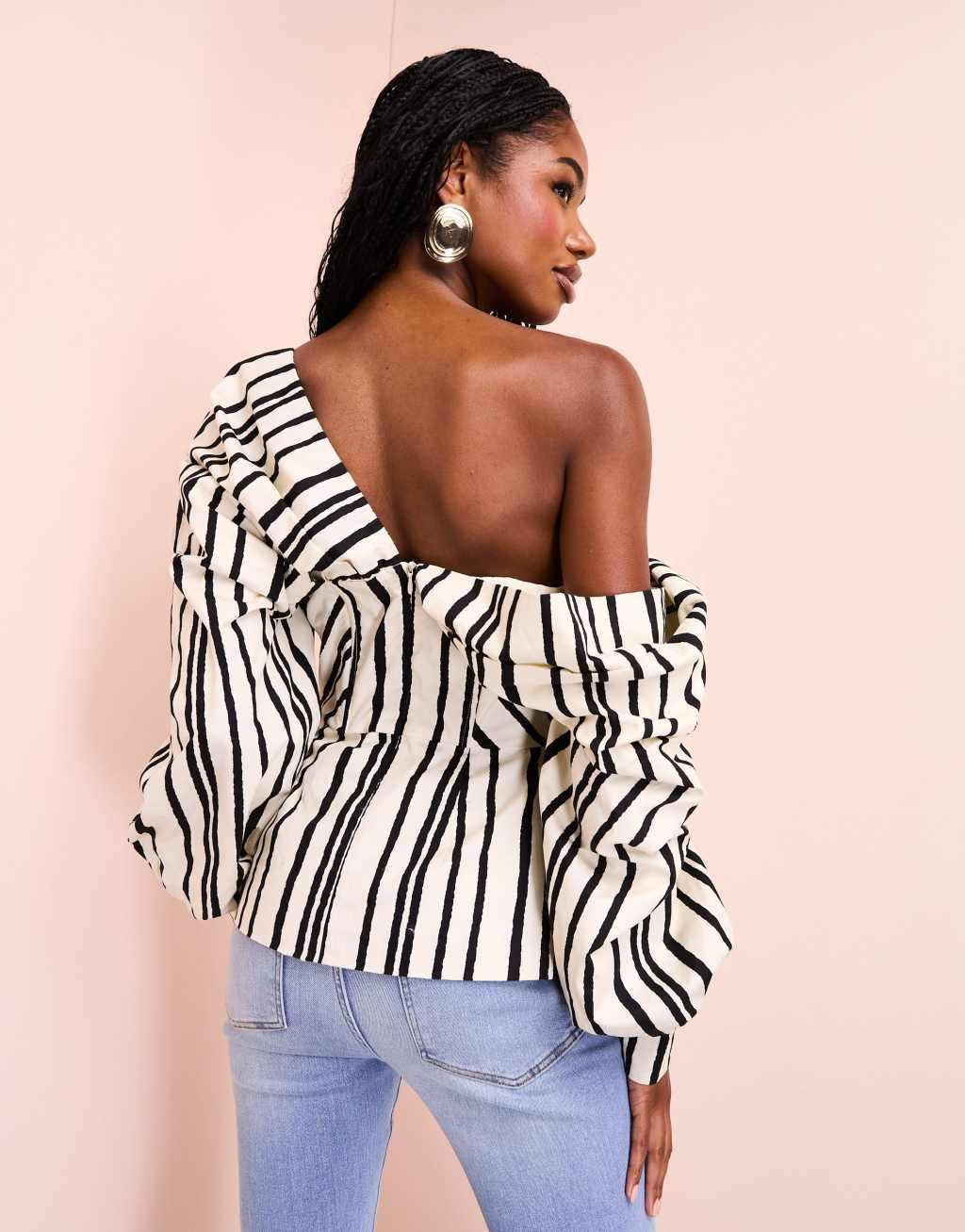 ASOS LUXE cotton poplin exaggerated sleeve top in black and cream stripe Product Image