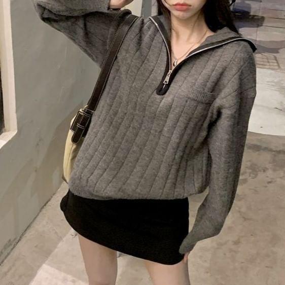 Contrast Trim Half Zip Ribbed Sweater Product Image