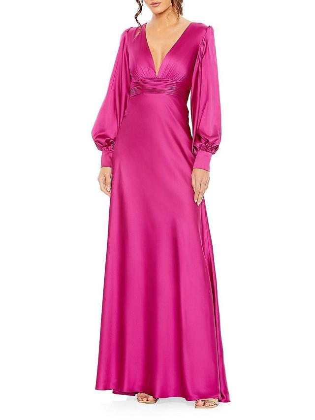 Mac Duggal Charmeuse V-Neck Long Bishop Sleeve Gown Product Image