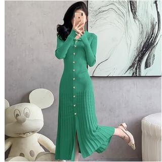 Long-Sleeve Collar Plain Ribbed Midi Sweater Dress Product Image