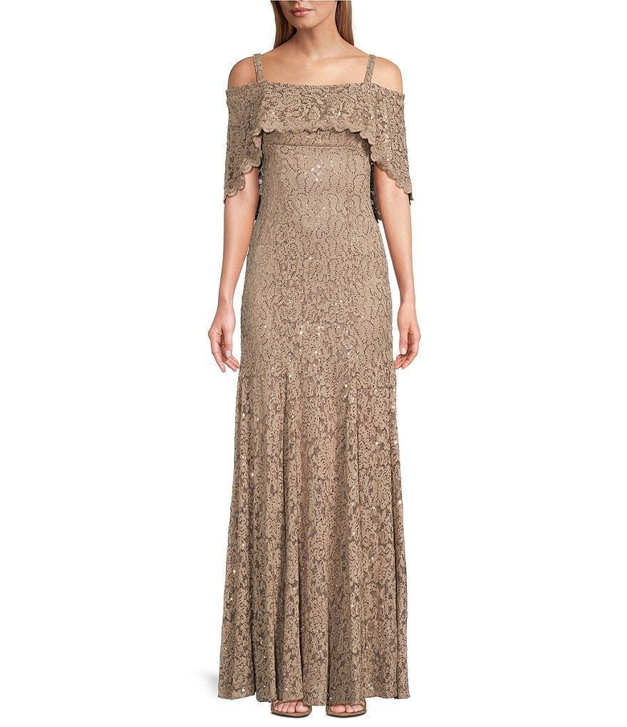 R & M Richards Off-The-Shoulder Short Sleeve Sequin Lace Mermaid Gown Product Image