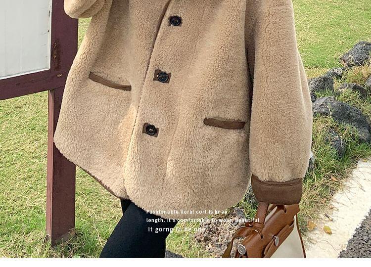 Stand Collar Faux Shearling Button Jacket Product Image