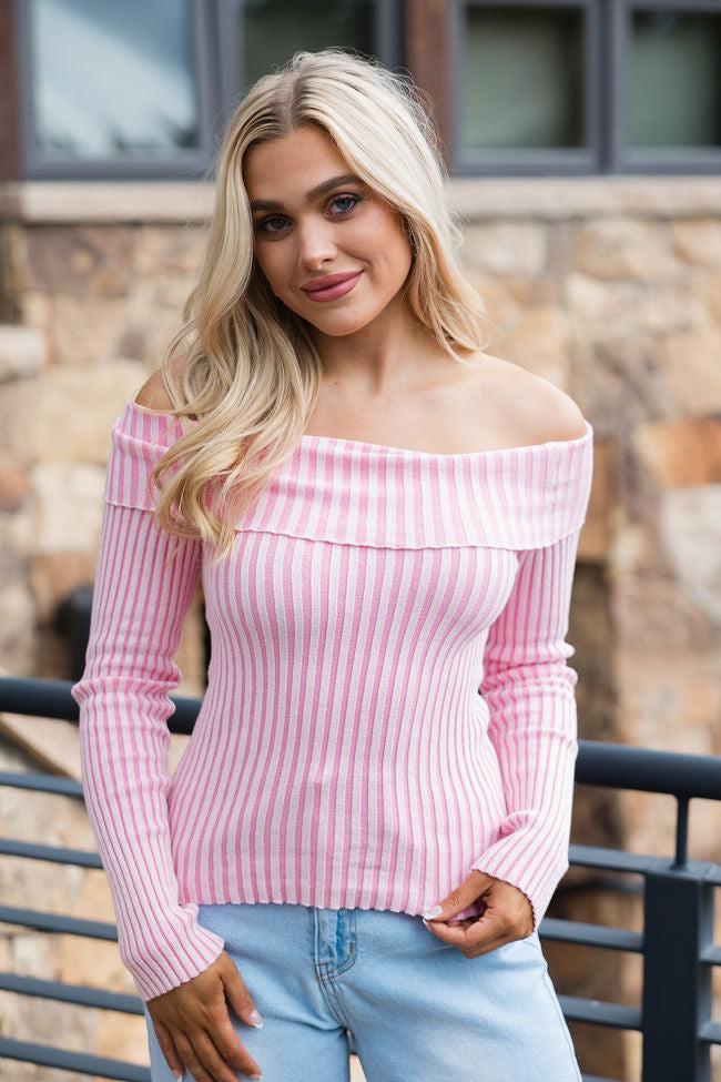 For What It Takes Pale Pink Ribbed Off The Shoulder Sweater FINAL SALE Product Image