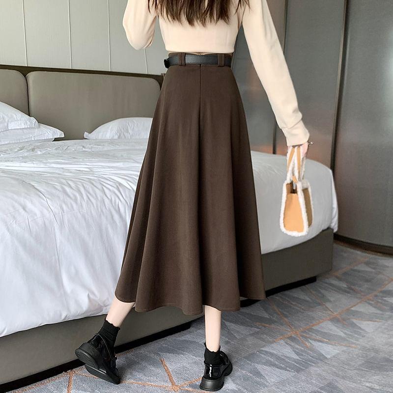 High Waist Plain Midi Pleated Skirt Product Image