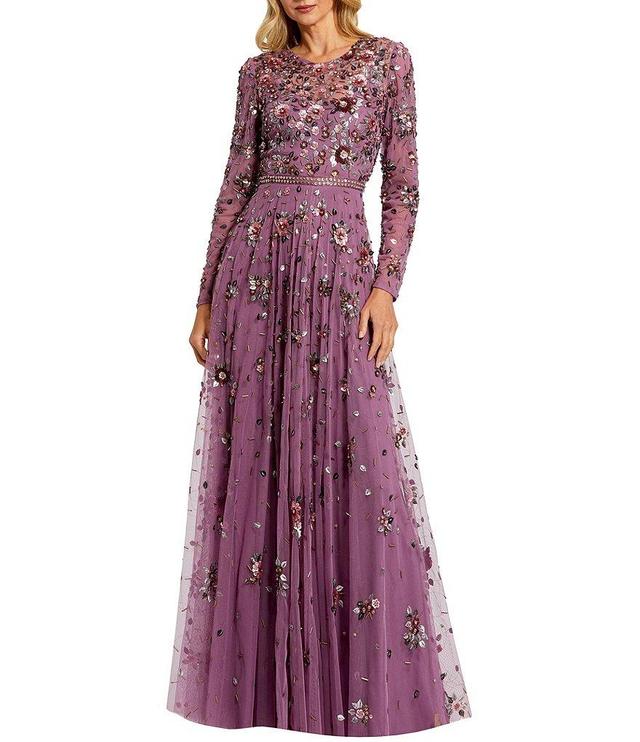 Mac Duggal 3D Floral Sequin Round Neck Long Sleeve Pleated Gown Product Image