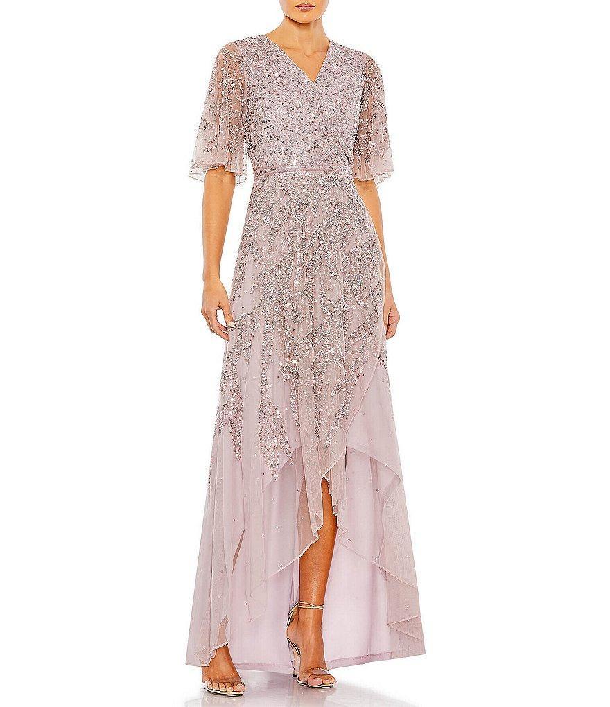 Mac Duggal Beaded Short Flutter Sleeve Surplice V-Neck High-Low Faux Wrap Gown Product Image