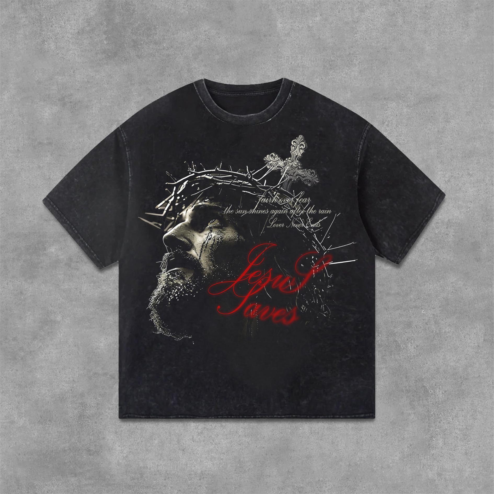 Sopula Retro Jesus Cross Faith Graphic Print Acid Washed T-Shirt Product Image