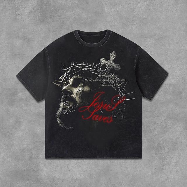 Retro Jesus Cross Faith Graphic Print Acid Washed T-Shirt Product Image