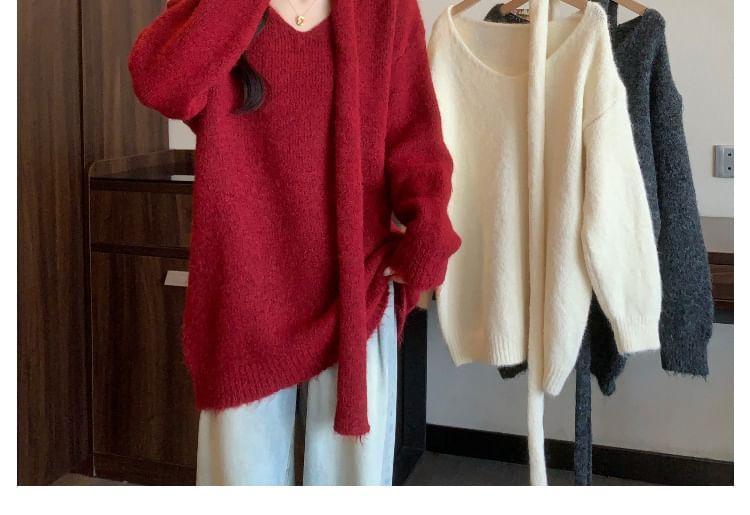 Set: Long-Sleeve V-Neck Plain Sweater + Scarf Product Image