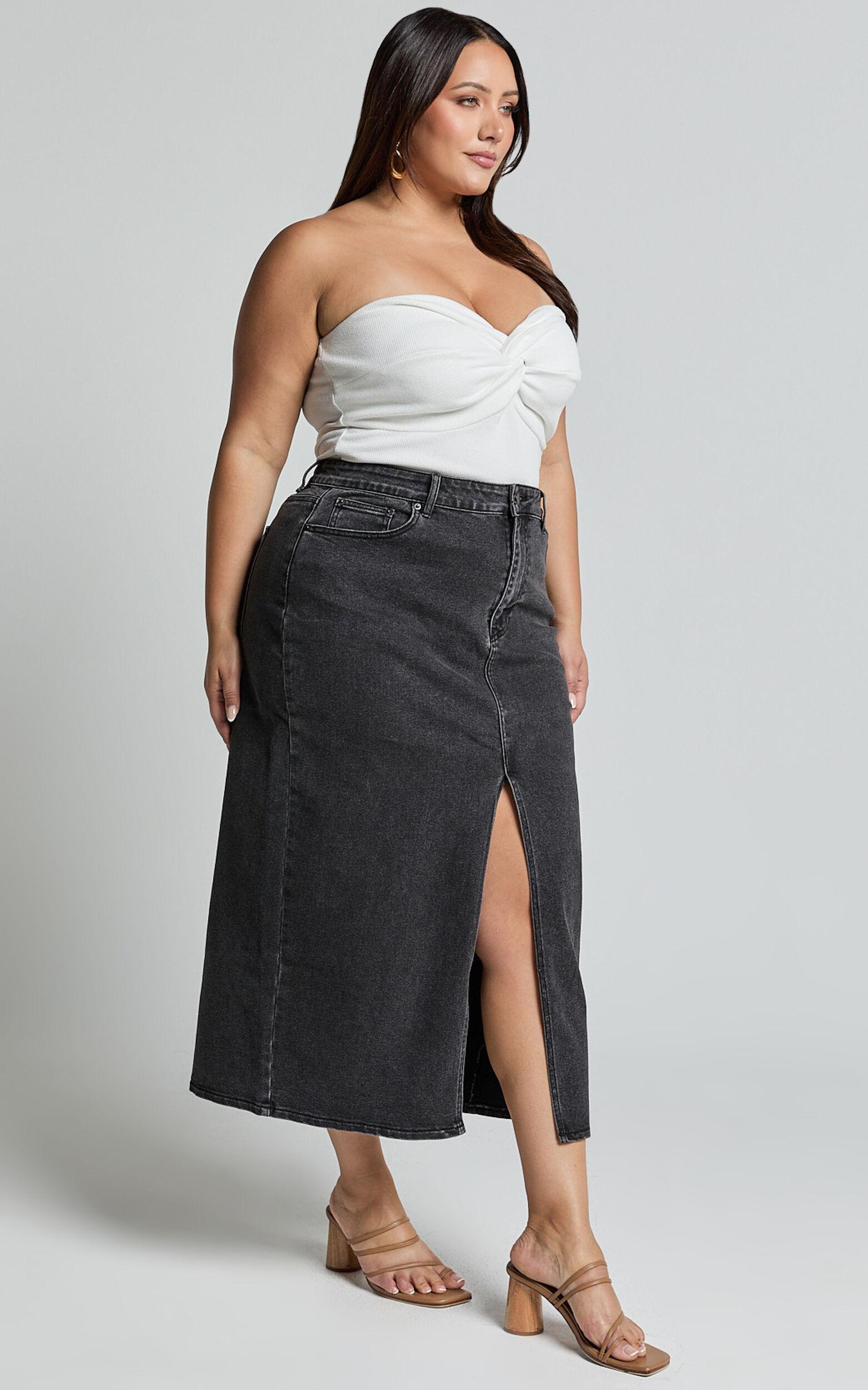 Anaya Midi Skirt - Denim Skirt in Washed Black Product Image