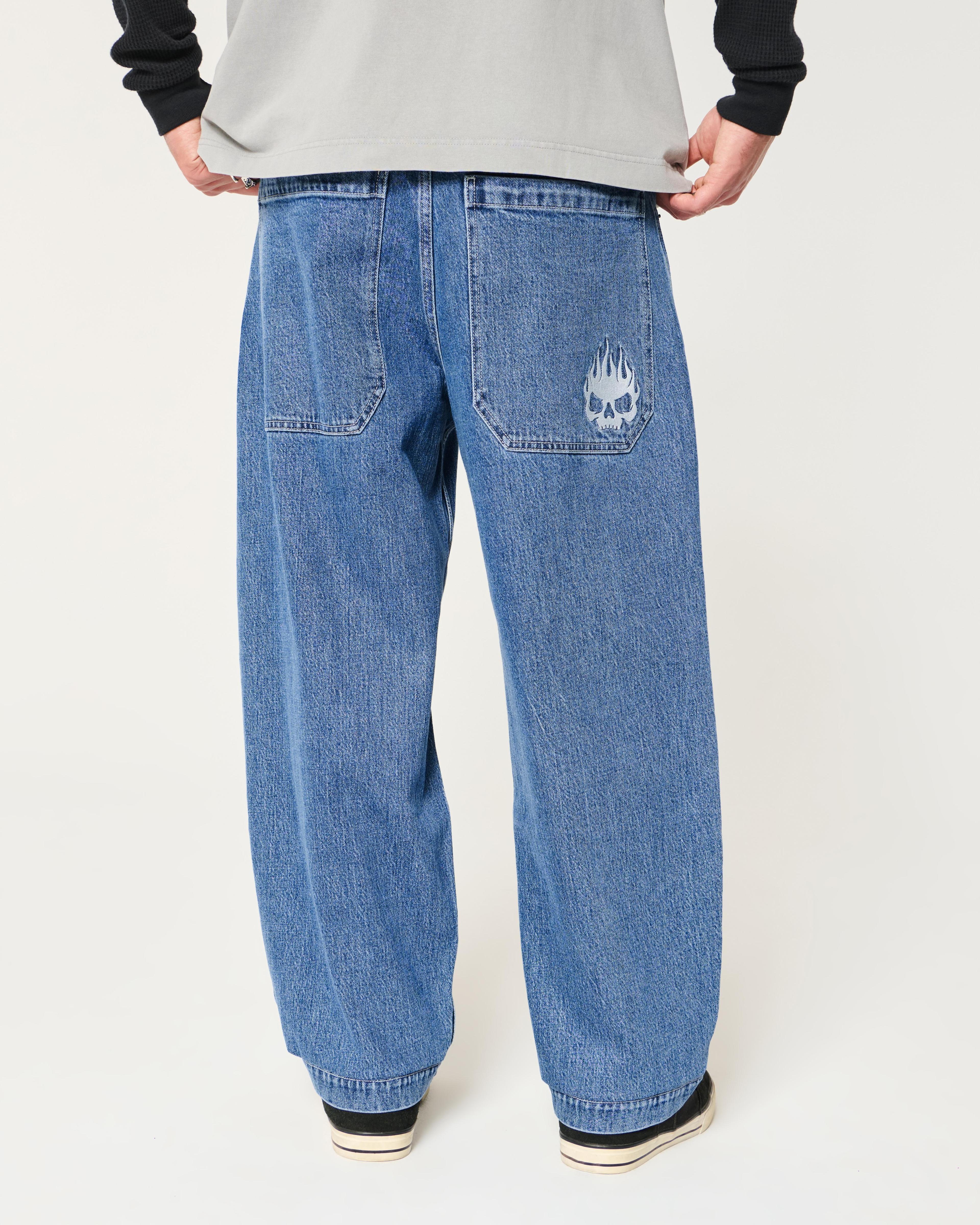 Medium Wash Embroidered Baggy Skater Jeans Product Image