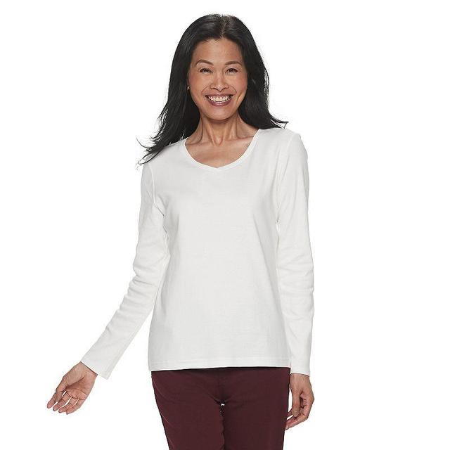 Petite Croft & Barrow Essential Long-Sleeve V-Neck Top, Womens White Product Image