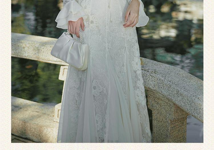 Long Sleeve V-Neck Lace Panel Ruffle Maxi A-Line Dress Product Image