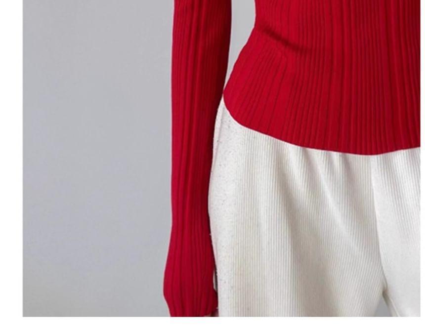 Long Sleeve Off Shoulder Plain Ribbed Knit Top Product Image