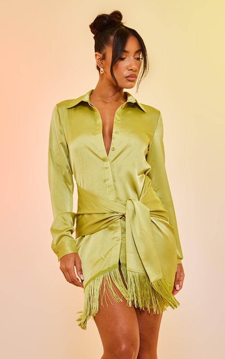 Lime Satin Drape Detail Tassel Hem Shirt Dress Product Image