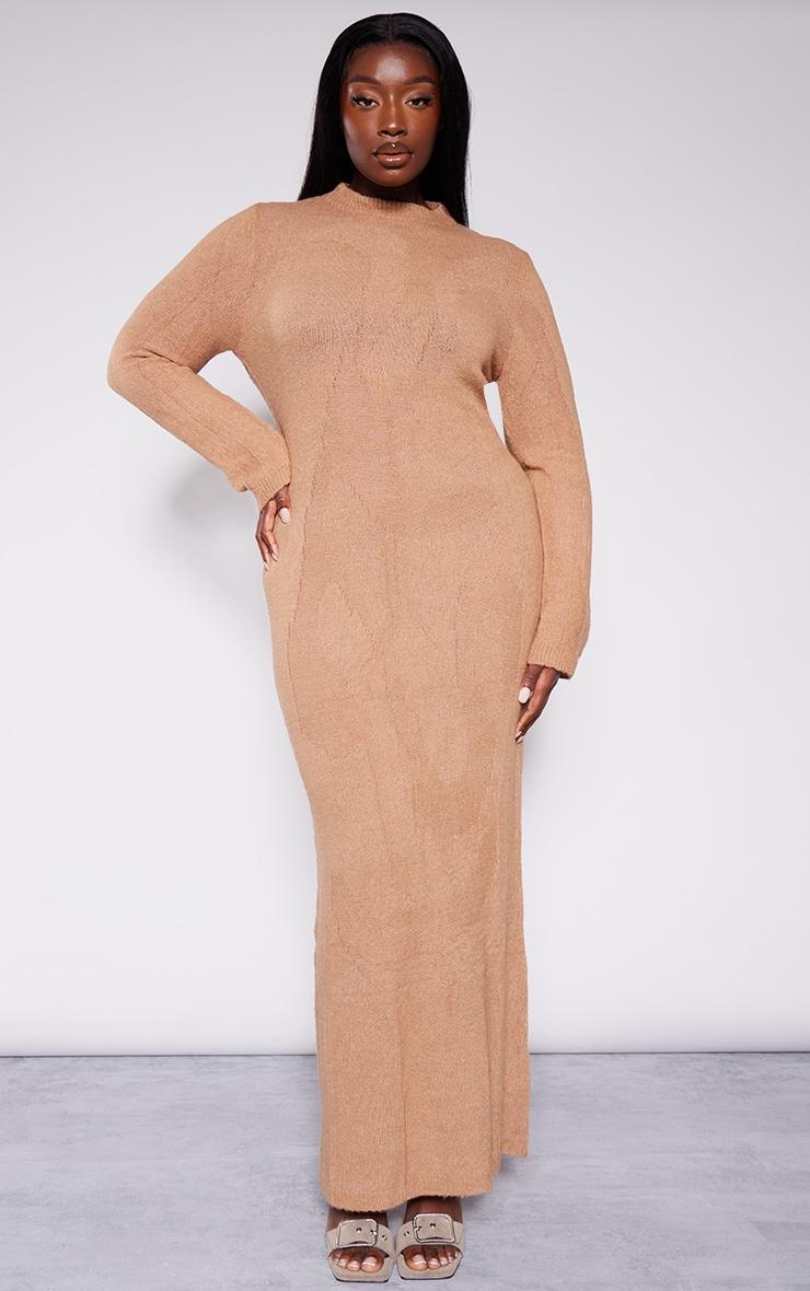 Plus Mocha Soft Knit Open Back Long Sleeve Maxi Dress Product Image