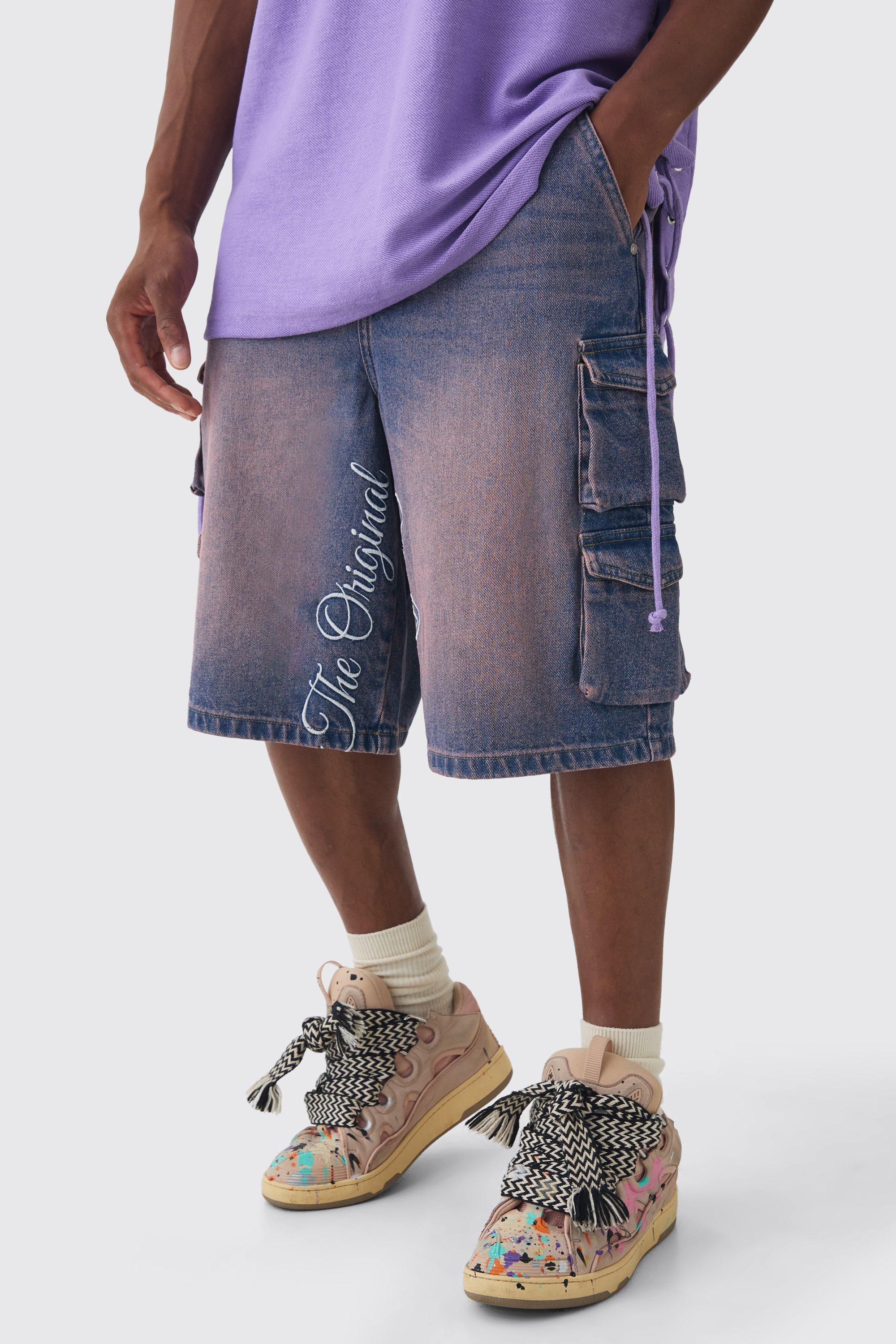 Embroidered Denim Cargo Jorts In Pink | boohooMAN USA Product Image