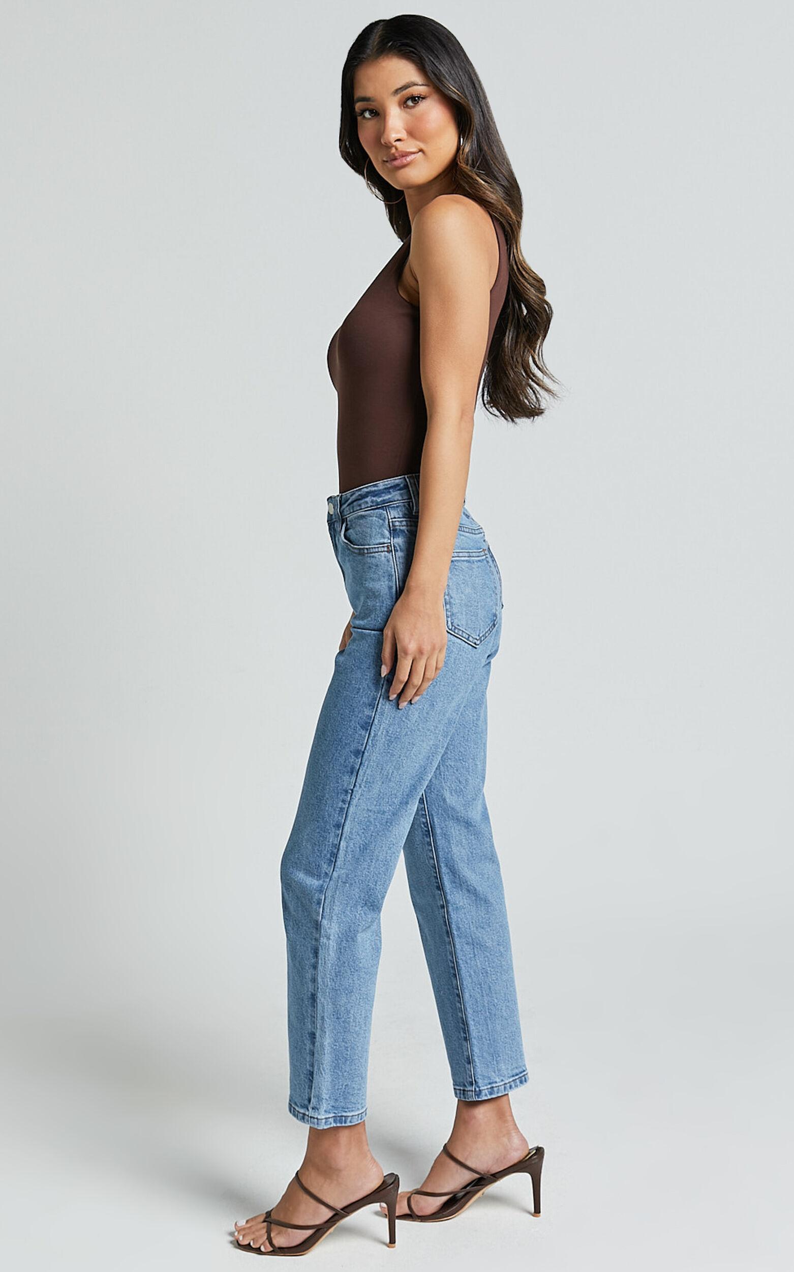 Chandler Jeans - High Waisted Crop Straight Jeans in Mid Blue Wash Product Image