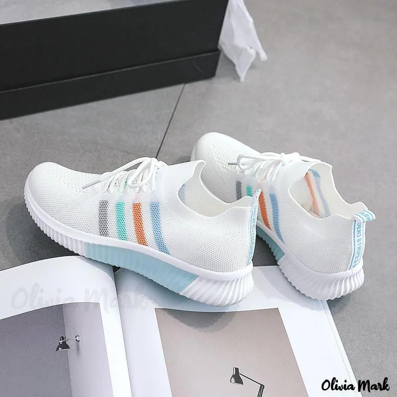 Olivia Mark – Color Stripe Low Top Sneakers Casual White Shoes Fly Knit Mesh Flat Sole Shoes Product Image