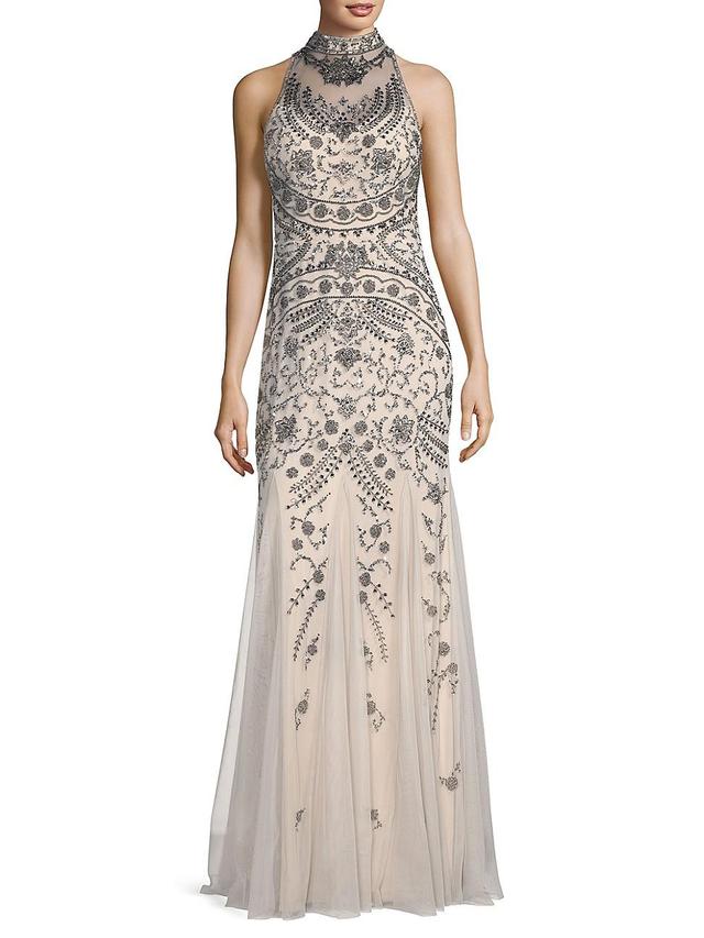 Aidan Mattox Beaded Halter Neck Open Back Sleeveless Gown Product Image