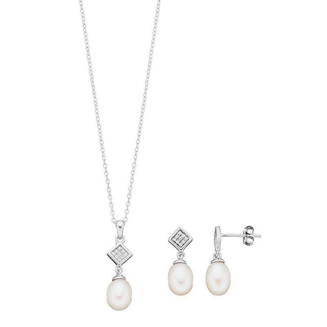 Sterling Silver Freshwater Cultured Pearl & Cubic Zirconia Pendant & Drop Earring Set, Womens Silver Tone Product Image