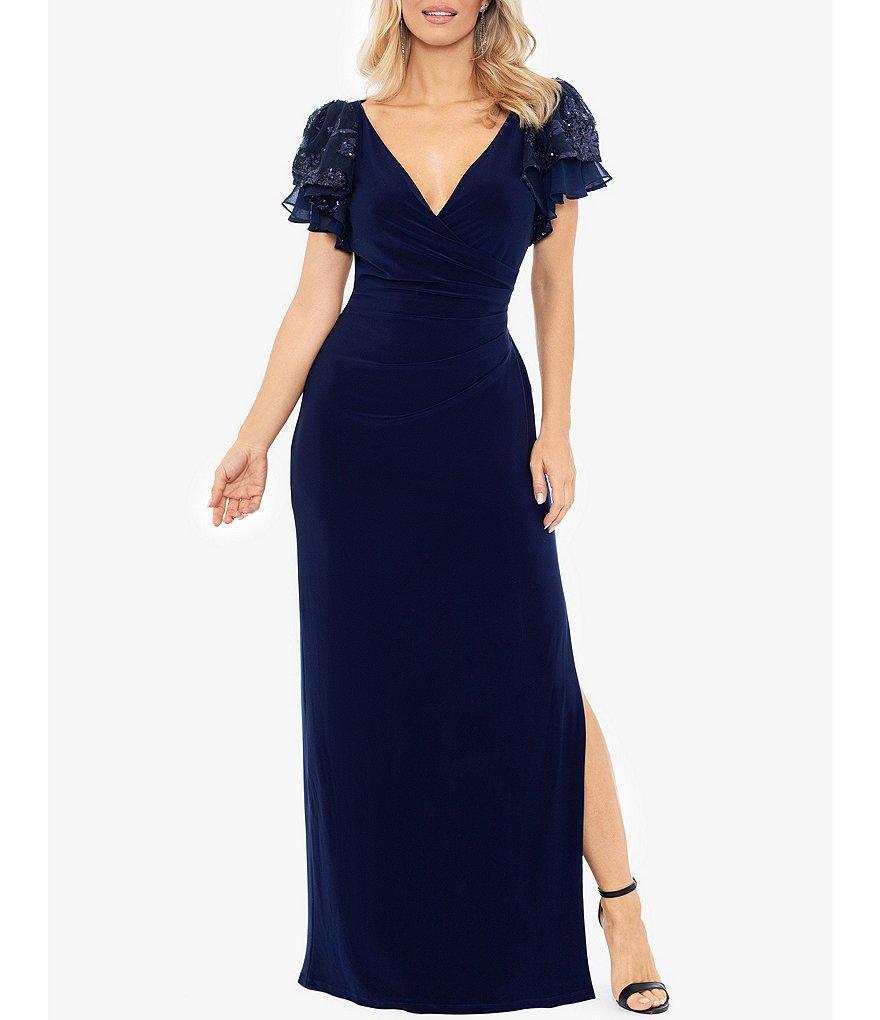 Betsy & Adam V-Neck Sequin Flutter Sleeve Wrap Gown Product Image