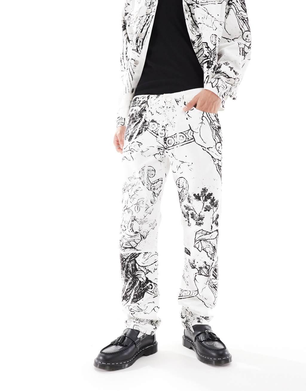 Liquor N Poker straight fit jeans with Renaissance print in white and black - part of a set Product Image