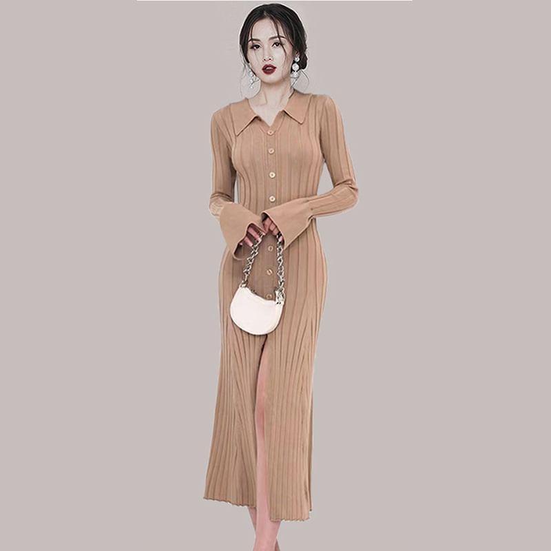 Long Sleeve Collared Plain Ribbed Knitted Midi Bodycon Dress Product Image