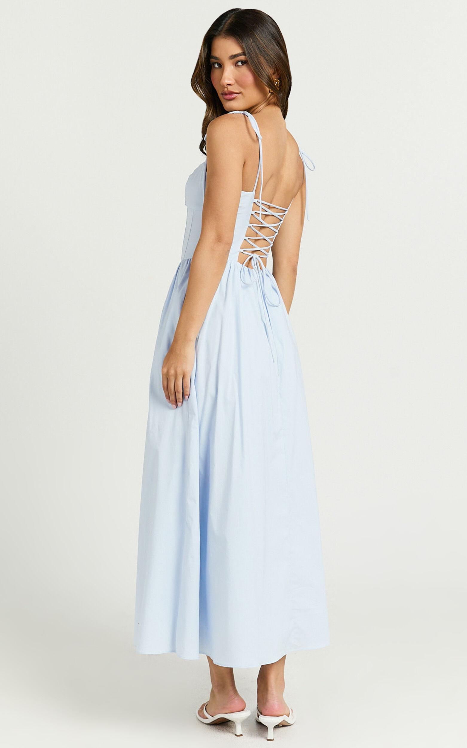 Holly Midi Dress - Corset Lace Up Dress with Split in Soft Blue Product Image