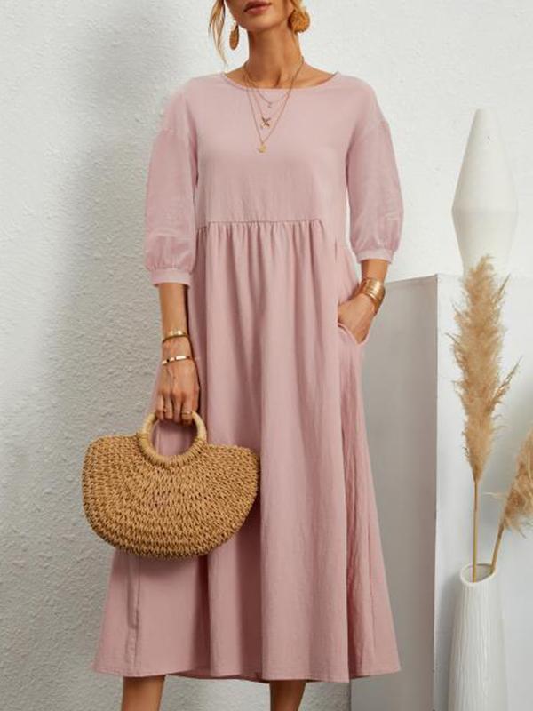 11 Colors Simple Round-Neck Solid Color Midi Dress Product Image