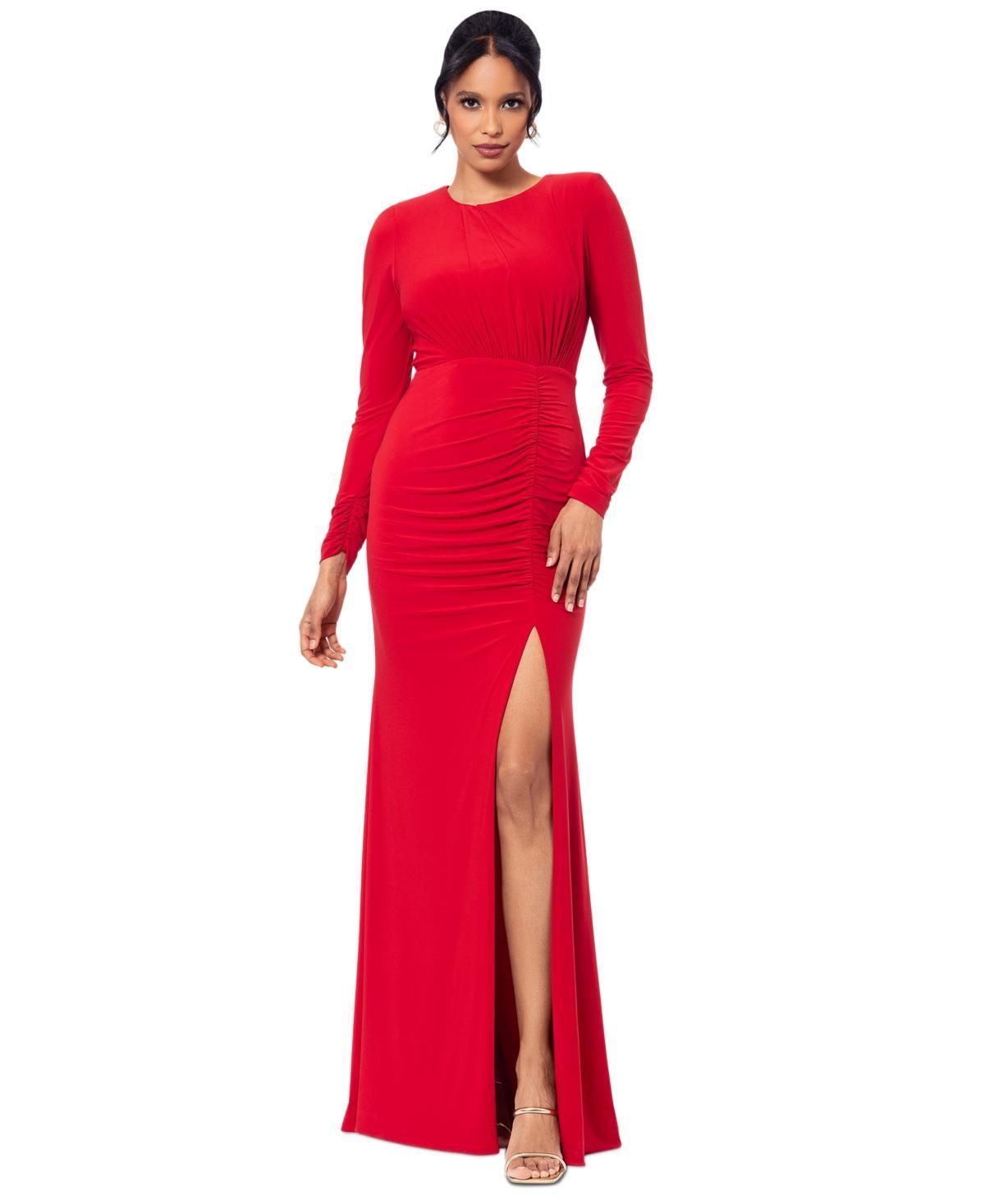 Women's Ruched Long-Sleeve Slit Gown Product Image