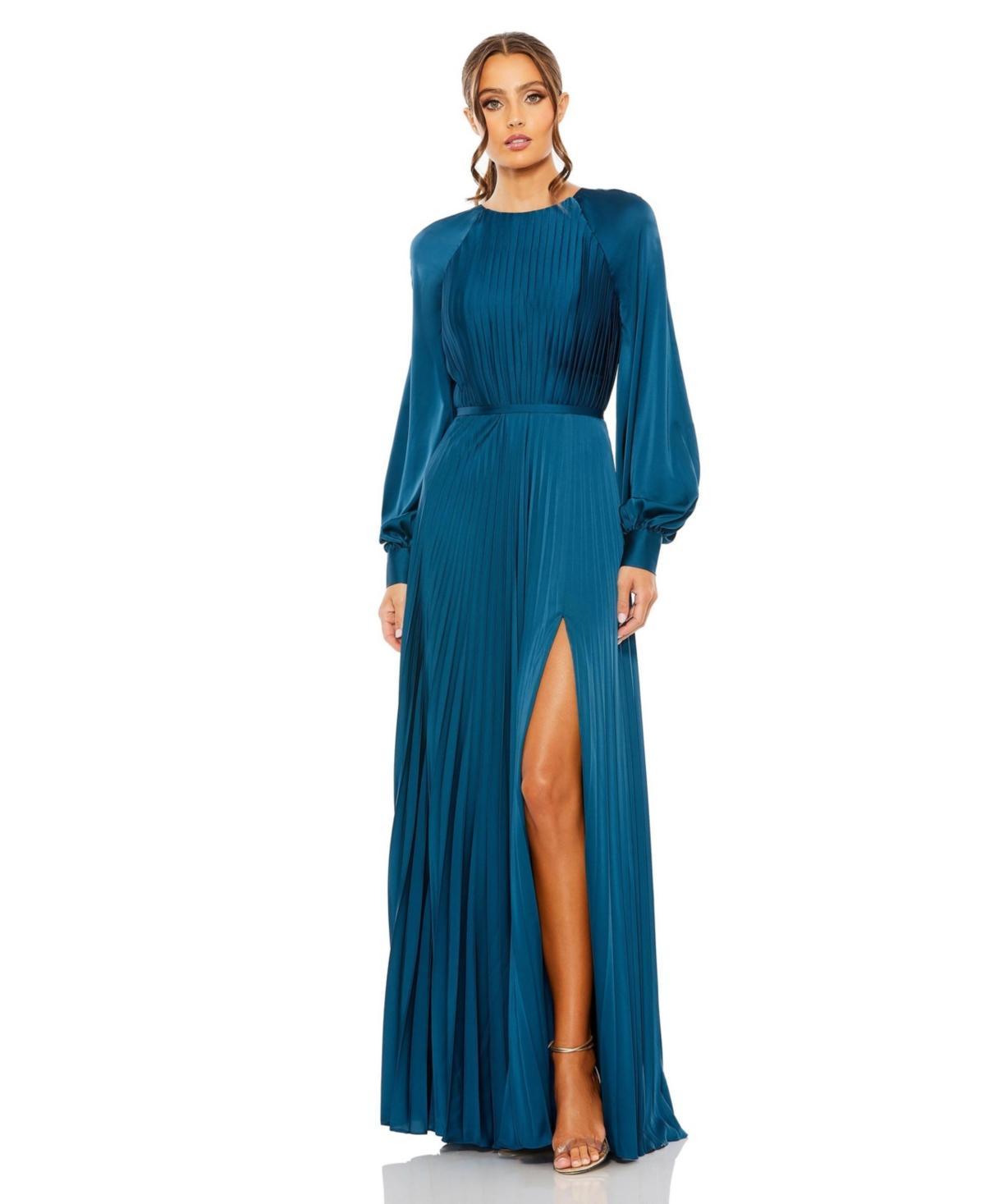 Mac Duggal Womens Ieena Long Sleeve Pleated High Neck Gown Product Image