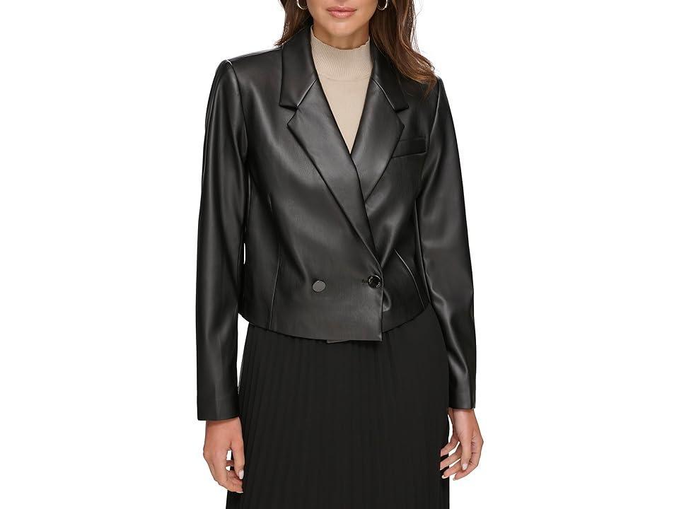 Dkny Womens Cropped Double-Breasted Faux Leather Blazer Product Image