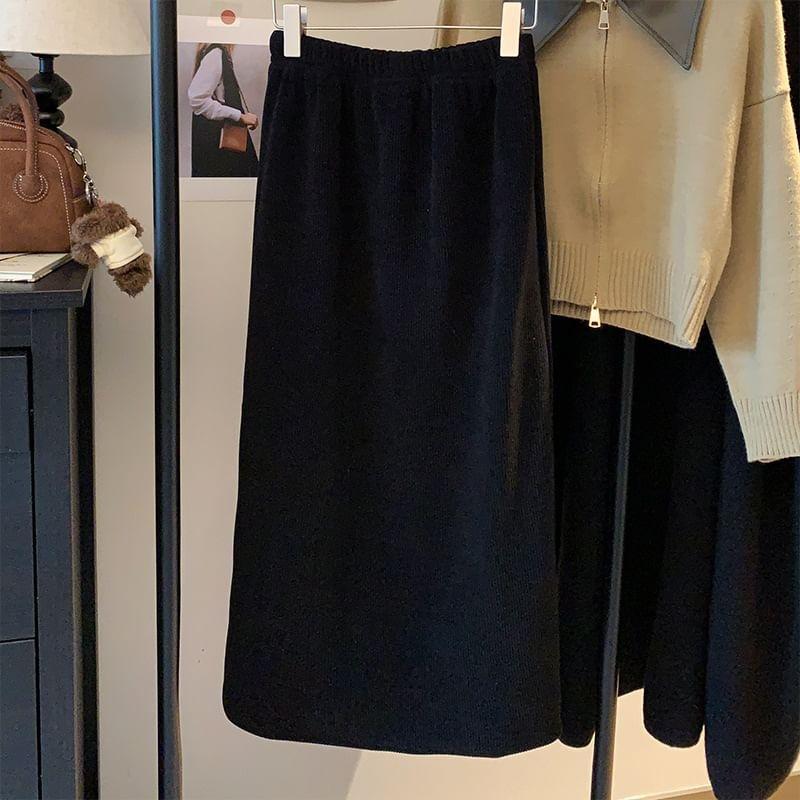 High-Waist Plain Midi Skirt Product Image