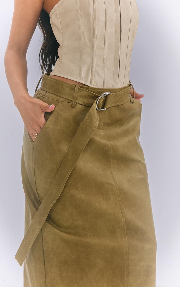 Petite Olive Washed Faux Leather Belted Midi Skirt Product Image