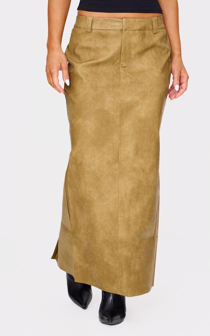 Premium Olive Washed Faux Leather Maxi Skirt Product Image