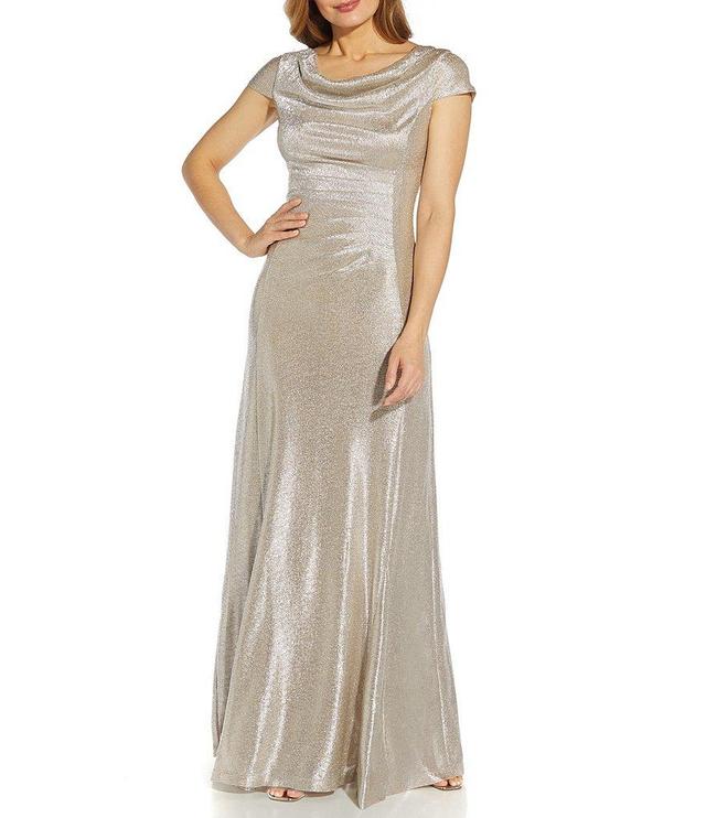 Adrianna Papell Glitter Cowl Neck Draped Back Cap Sleeve A-Line Gown Product Image