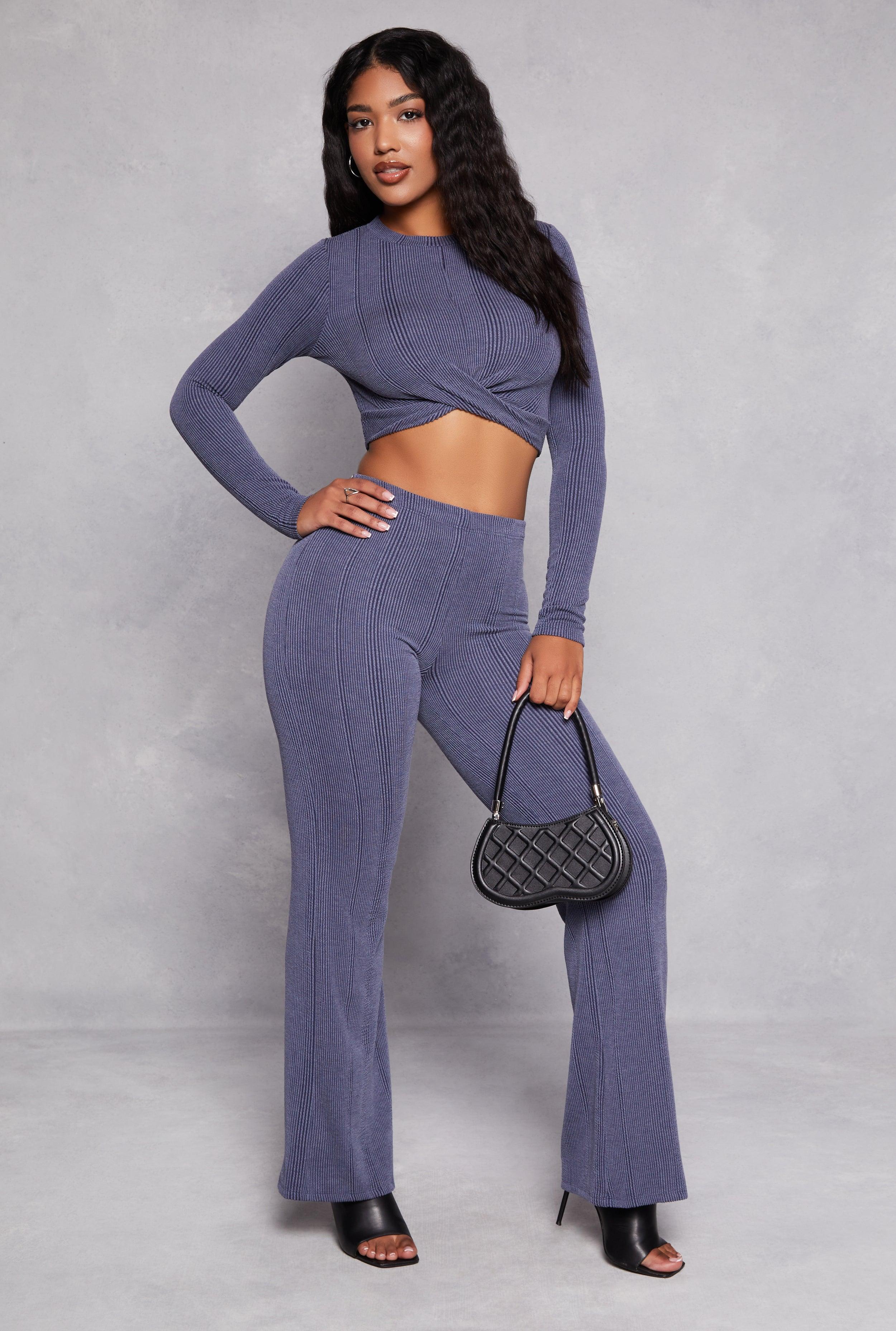 Womens Ribbed Knit Wide Leg High Waist Pants Product Image