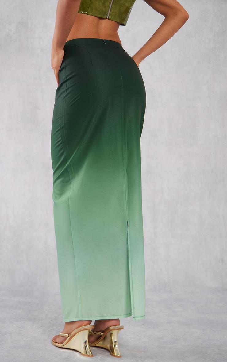 Dark Green Ombre Print Satin Mid Rise Maxi Skirt Product Image